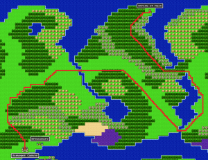 Path from Radatome to Shrine of Rain to get Staff of Rain. Source: https://www.realmofdarkness.net/dq/wp-content/img/snes/dq/maps/alefgard-2.png